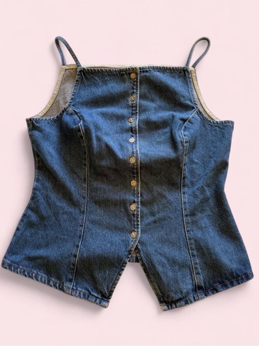 100% Cotton Denim Button-Front Corset Top - Blue